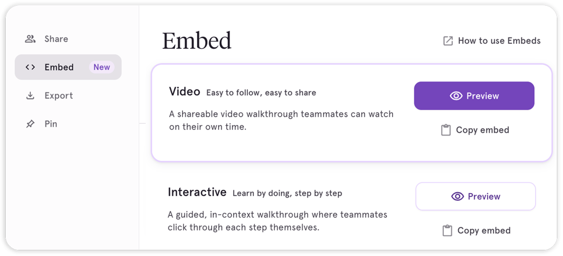 Screenshot of video embed export modal